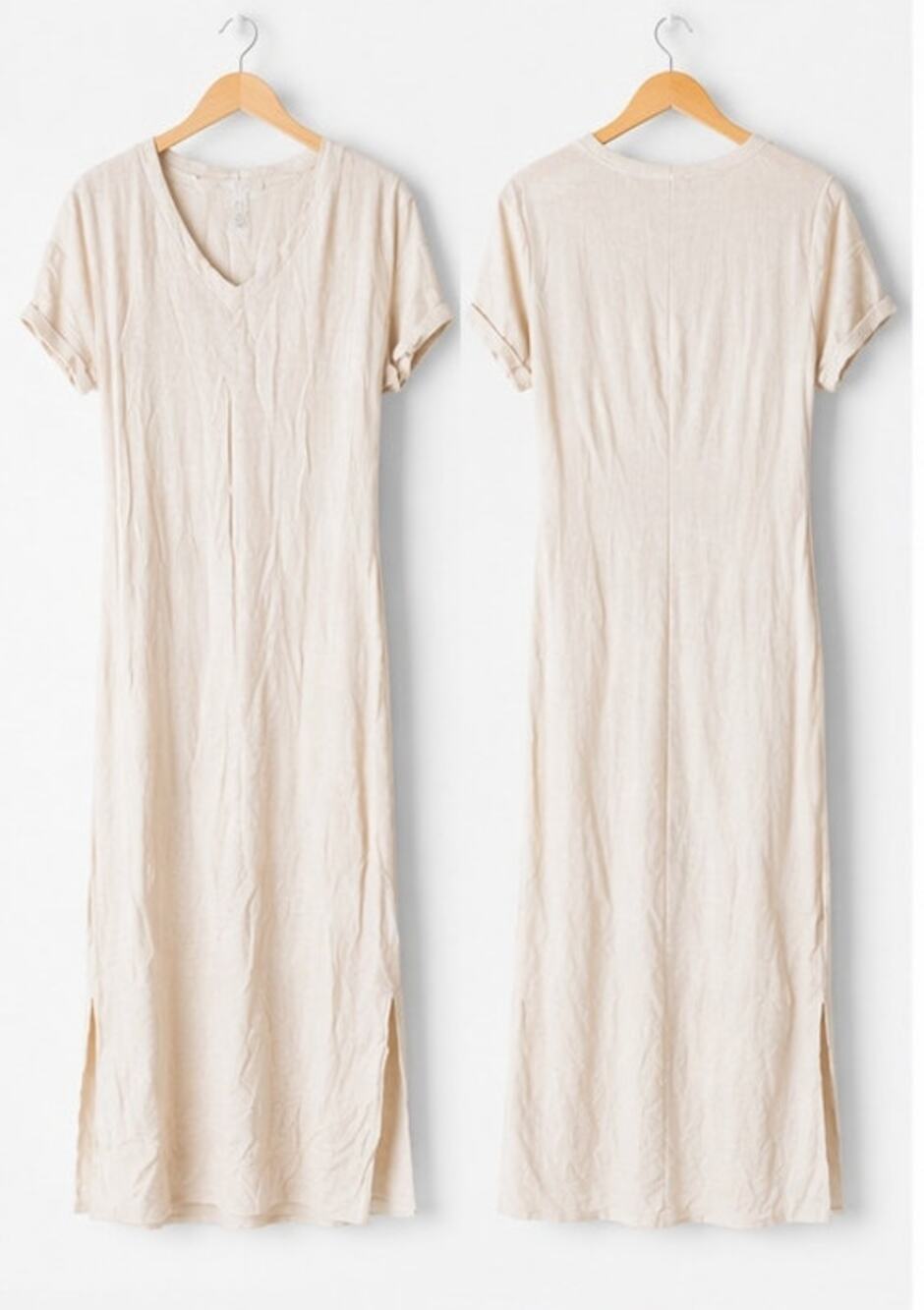 ROOLEE Cream Linen Blend Midi Dress V Neck Side Zip Short Sleeve M